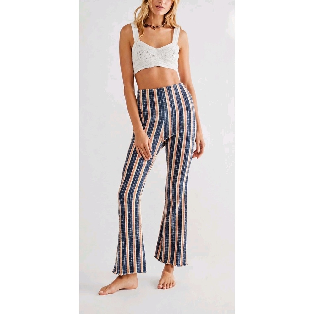 Free People Textured‎ Stripe Cropped Flare Pants Boho Bell Bottom S